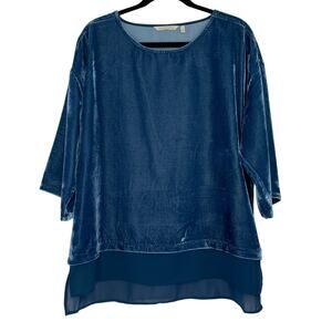Soft Surroundings blue burnout velvet 3/4 sleeve sheer panel size Large